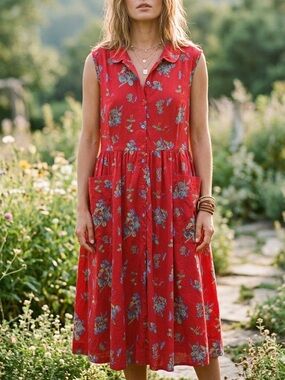 April Cornell Red Floral Cotton Midi Dress Size XL XXL Bohemian Cottage